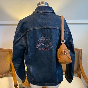 Vintage 90s Distressed Denim Jean Jacket Las Vegas Rhinestone Embellishments, XL